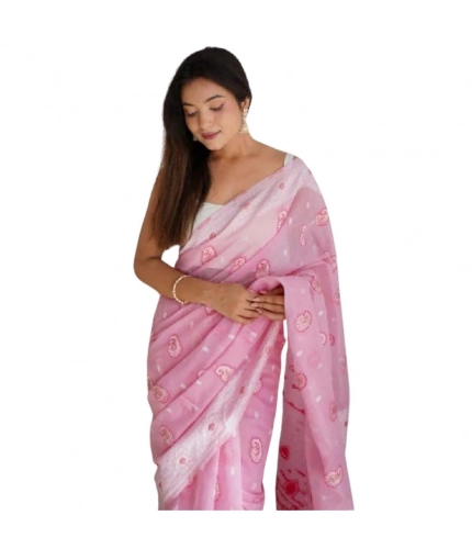 Generic Women's Cotton  Printed Saree With Unstitched Blouse 5.5Mtr (Pink)