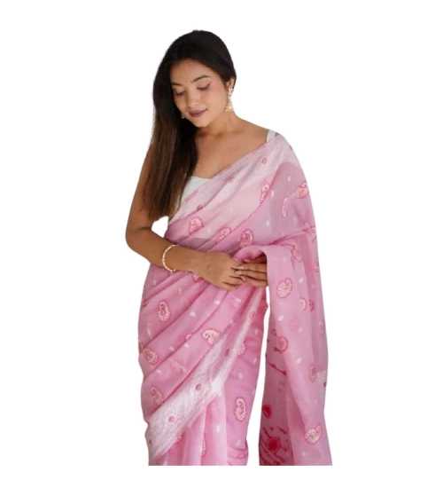 Generic Women's Cotton  Printed Saree With Unstitched Blouse 5.5Mtr (Pink)
