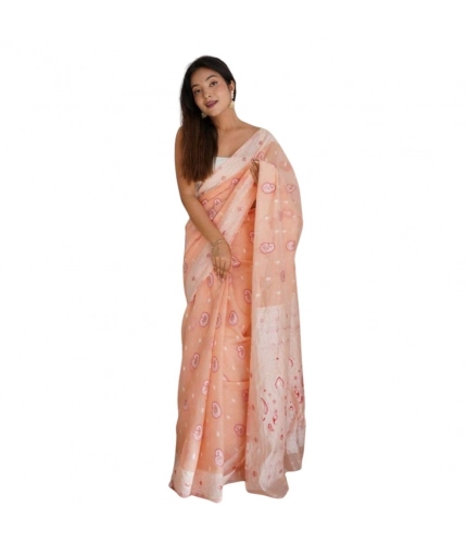 Generic Women's Cotton  Printed Saree With Unstitched Blouse 5.5Mtr (Peach)