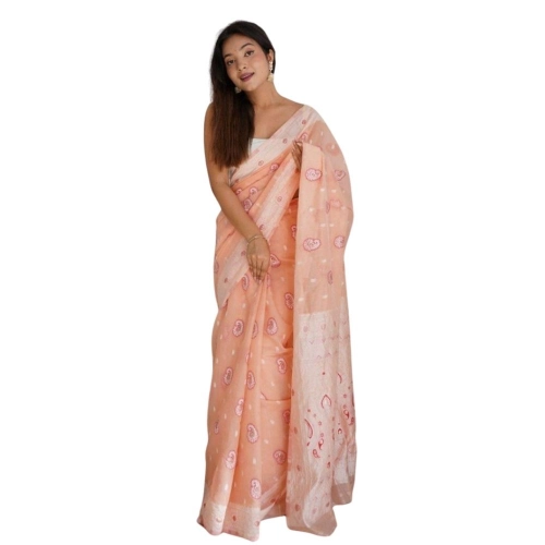 Women's Cotton  Printed Saree With Unstitched Blouse 5.5Mtr (Peach)