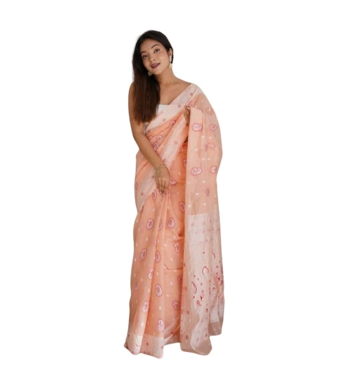 Generic Women's Cotton  Printed Saree With Unstitched Blouse 5.5Mtr (Peach)
