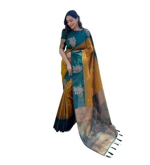 Generic Women's Silk Printed Saree With Unstitched Blouse 5.5Mtr (Yellow)