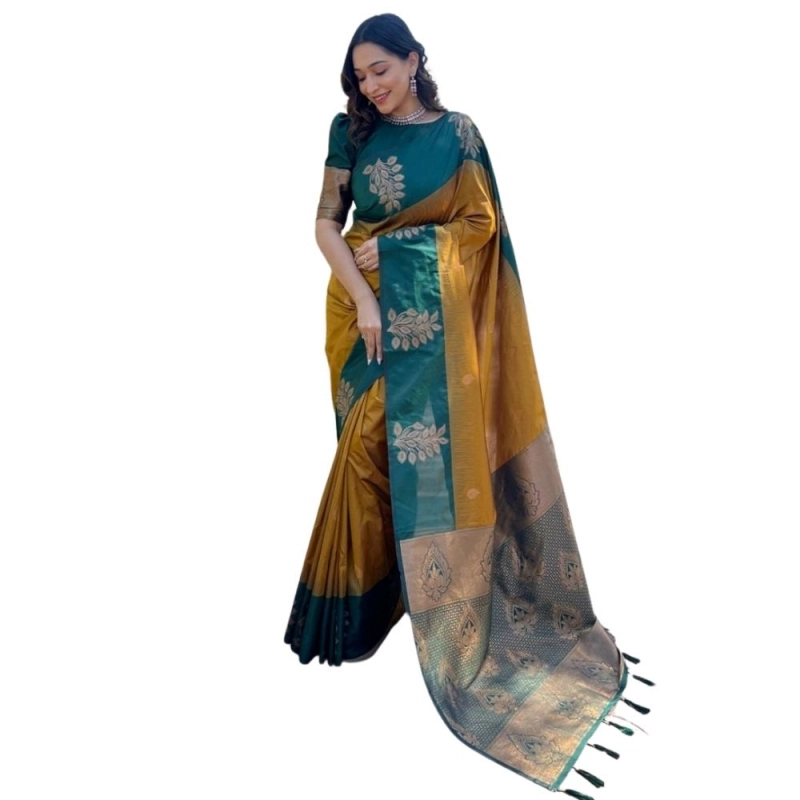 Women's Silk Printed Saree With Unstitched Blouse 5.5Mtr (Yellow)