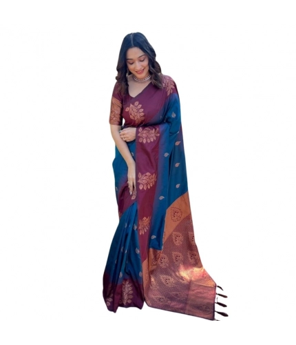 Generic Women's Silk Printed Saree With Unstitched Blouse 5.5Mtr (Blue)