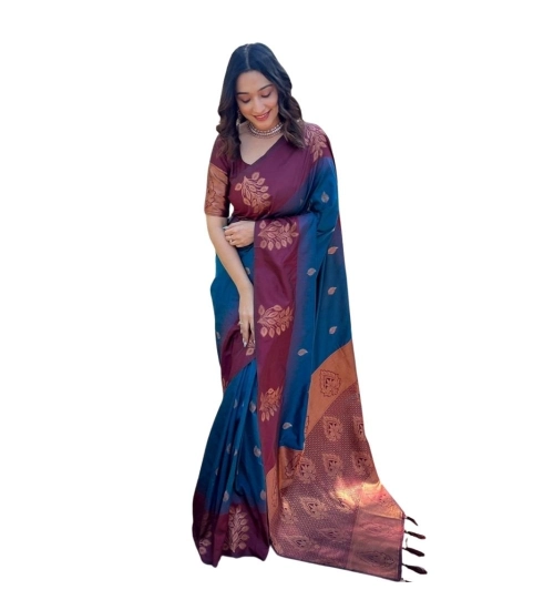 Generic Women's Silk Printed Saree With Unstitched Blouse 5.5Mtr (Blue)