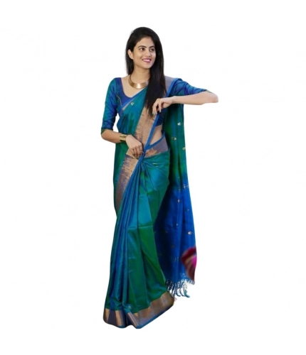 Generic Women's Silk Printed Saree With Unstitched Blouse 5.5Mtr (Blue)