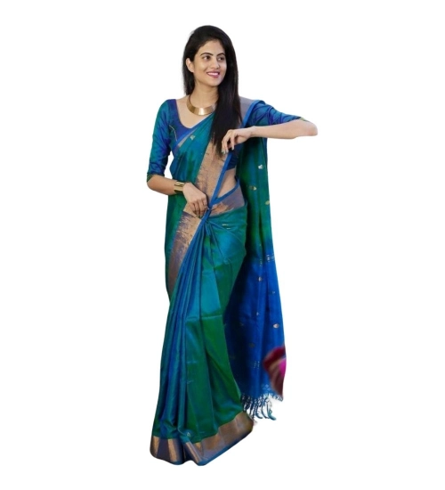Generic Women's Silk Printed Saree With Unstitched Blouse 5.5Mtr (Blue)