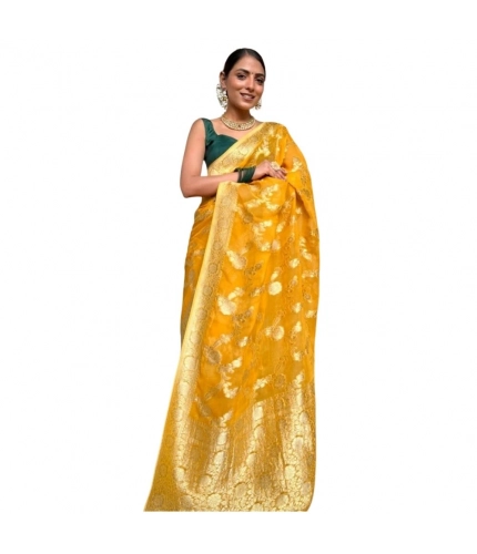 Generic Women's Silk Printed Saree With Unstitched Blouse 5.5Mtr (Gold Yellow)