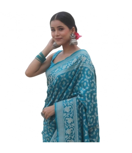 Generic Women's Silk Printed Saree With Unstitched Blouse 5.5Mtr (Sky Blue)