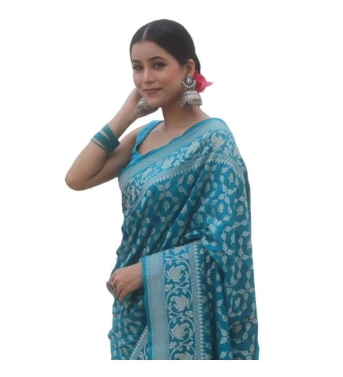 Generic Women's Silk Printed Saree With Unstitched Blouse 5.5Mtr (Sky Blue)