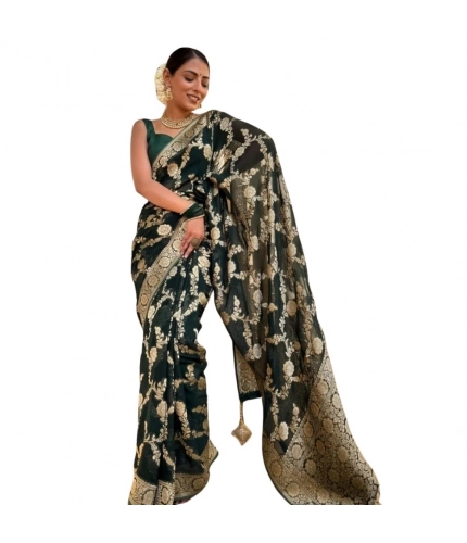 Generic Women's Silk Printed Saree With Unstitched Blouse 5.5Mtr (Dark Green)