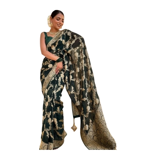 Generic Women's Silk Printed Saree With Unstitched Blouse 5.5Mtr (Dark Green)