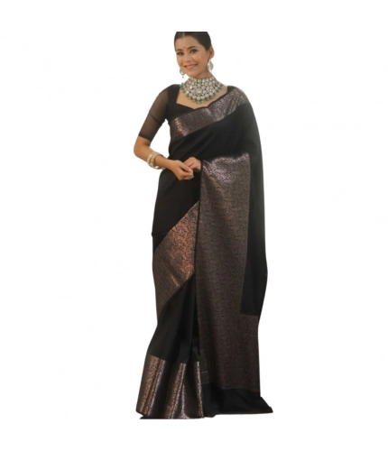 Generic Women's Silk Printed Saree With Unstitched Blouse 5.5Mtr (Black)