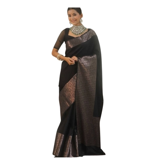Generic Women's Silk Printed Saree With Unstitched Blouse 5.5Mtr (Black)