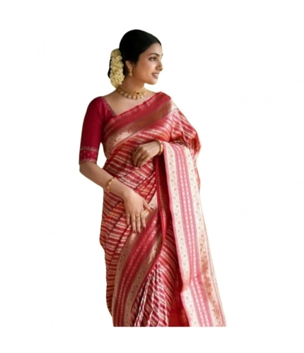 Generic Women's Silk Printed Saree With Unstitched Blouse 5.5Mtr (Pink)