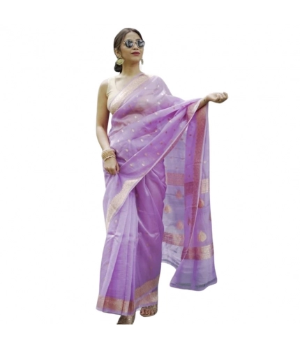 Generic Women's Cotton  Printed Saree With Unstitched Blouse 5.5Mtr (Lavender)