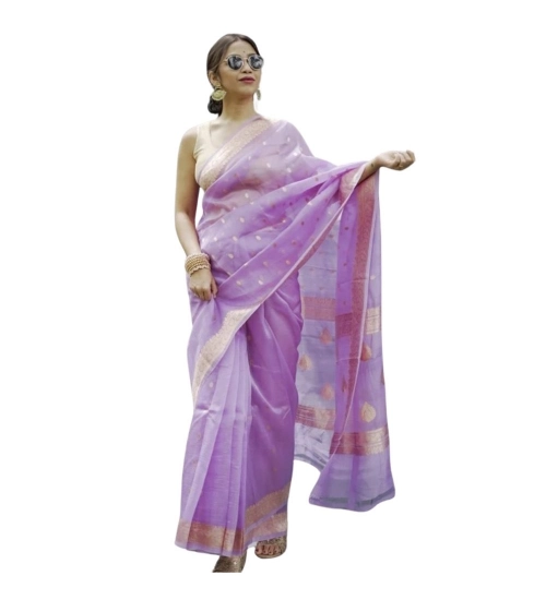 Generic Women's Cotton  Printed Saree With Unstitched Blouse 5.5Mtr (Lavender)