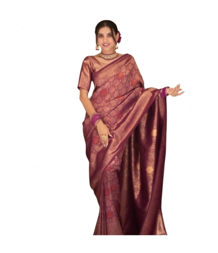 Generic Women's Silk Printed Saree With Unstitched Blouse 5.5Mtr (Wine)