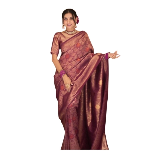 Generic Women's Silk Printed Saree With Unstitched Blouse 5.5Mtr (Wine)