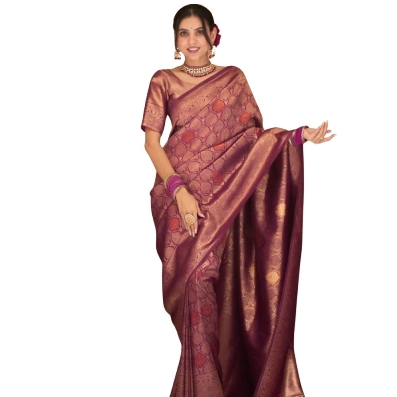 Women's Silk Printed Saree With Unstitched Blouse 5.5Mtr (Wine) Women's Silk Printed Saree With Unstitched Blouse 5.5Mtr (Wine)
