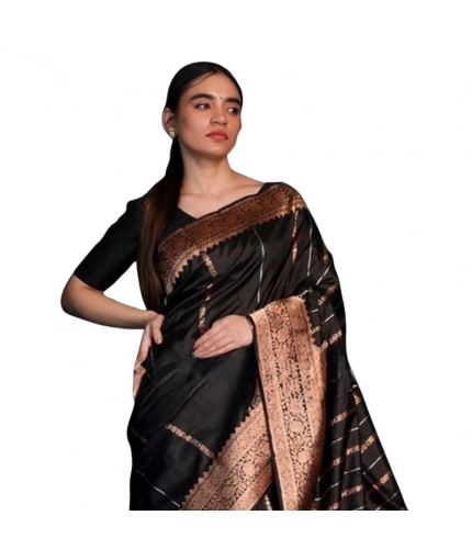 Generic Women's Silk Printed Saree With Unstitched Blouse 5.5Mtr (Black)