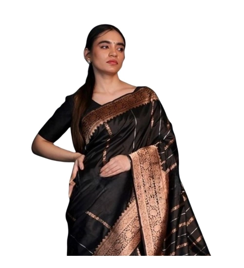 Generic Women's Silk Printed Saree With Unstitched Blouse 5.5Mtr (Black)
