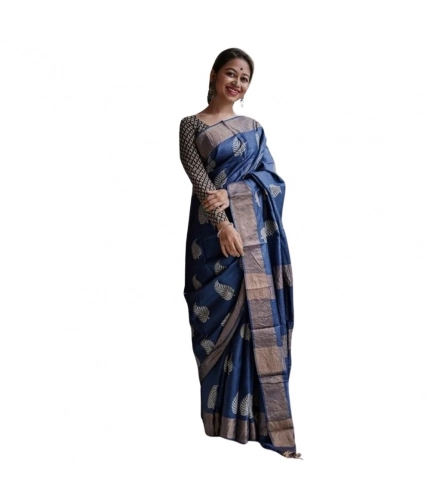 Generic Women's Silk Printed Saree With Unstitched Blouse 5.5Mtr (Navy Blue)