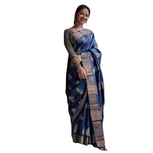 Women's Silk Printed Saree With Unstitched Blouse 5.5Mtr (Navy Blue)