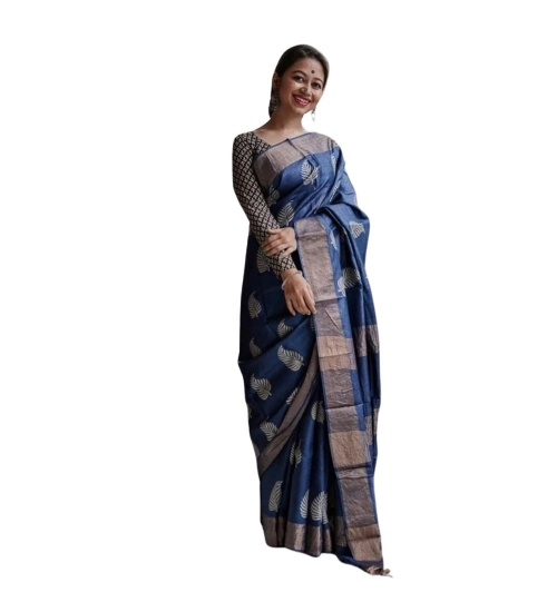 Generic Women's Silk Printed Saree With Unstitched Blouse 5.5Mtr (Navy Blue)