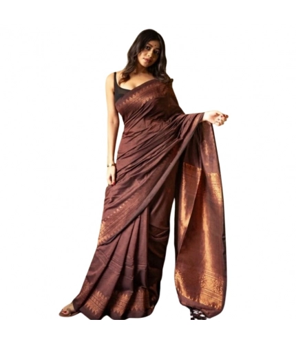 Generic Women's Silk Printed Saree With Unstitched Blouse 5.5Mtr (Coffee)