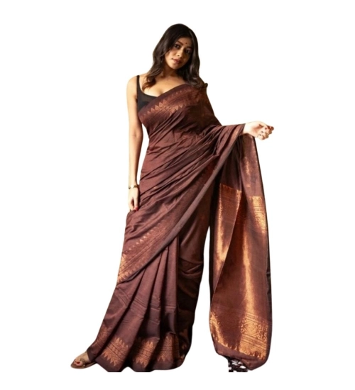 Generic Women's Silk Printed Saree With Unstitched Blouse 5.5Mtr (Coffee)