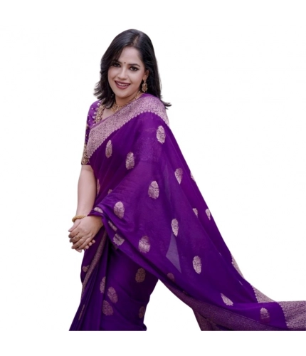 Generic Women's Silk Printed Saree With Unstitched Blouse 5.5Mtr (Purple)