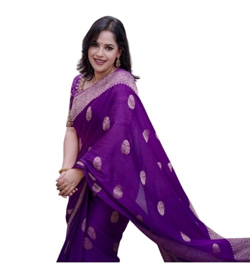 Generic Women's Silk Printed Saree With Unstitched Blouse 5.5Mtr (Purple)