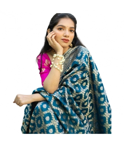 Generic Women's Silk Printed Saree With Unstitched Blouse 5.5Mtr (Sky Blue)