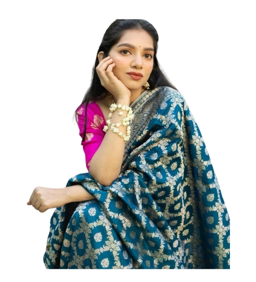 Generic Women's Silk Printed Saree With Unstitched Blouse 5.5Mtr (Sky Blue)