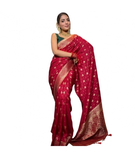 Generic Women's Silk Printed Saree With Unstitched Blouse 5.5Mtr (Red)