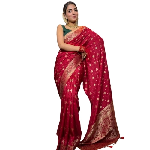 Women's Silk Printed Saree With Unstitched Blouse 5.5Mtr (Red)