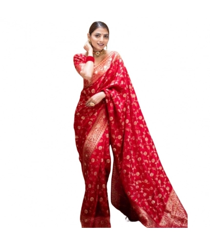 Generic Women's Silk Printed Saree With Unstitched Blouse 5.5Mtr (Red)