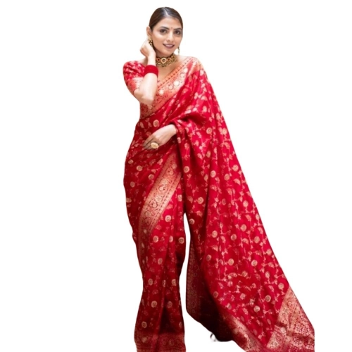 Women's Silk Printed Saree With Unstitched Blouse 5.5Mtr (Red)
