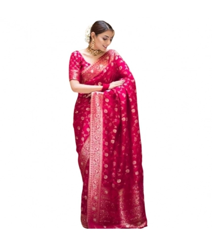 Generic Women's Silk Printed Saree With Unstitched Blouse 5.5Mtr (Rani Pink)