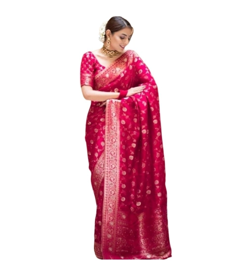 Generic Women's Silk Printed Saree With Unstitched Blouse 5.5Mtr (Rani Pink)
