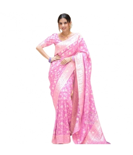 Generic Women's Silk Printed Saree With Unstitched Blouse 5.5Mtr (Pink)