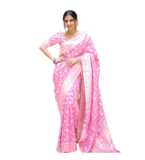 Generic Women's Silk Printed Saree With Unstitched Blouse 5.5Mtr (Pink)