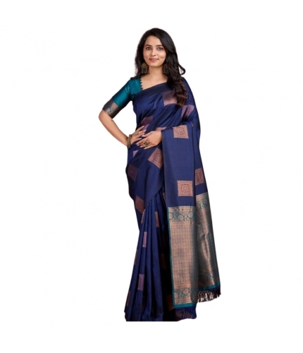 Generic Women's Silk Printed Saree With Unstitched Blouse 5.5Mtr (Navy Blue)