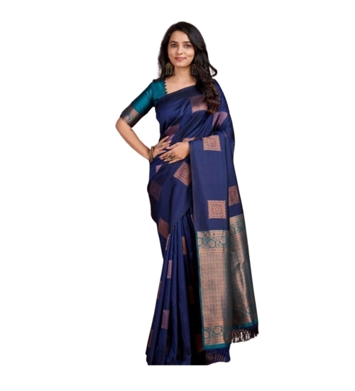 Generic Women's Silk Printed Saree With Unstitched Blouse 5.5Mtr (Navy Blue)