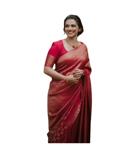 Generic Women's Silk Printed Saree With Unstitched Blouse 5.5Mtr (Red)