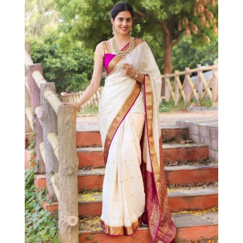 Women's Silk Printed Saree With Unstitched Blouse 5.5Mtr (White)
