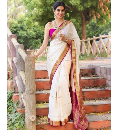 Generic Women's Silk Printed Saree With Unstitched Blouse 5.5Mtr (White)