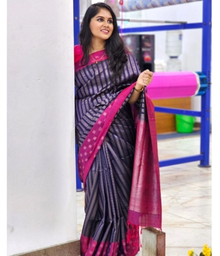 Generic Women's Silk Printed Saree With Unstitched Blouse 5.5Mtr (Navy Blue)