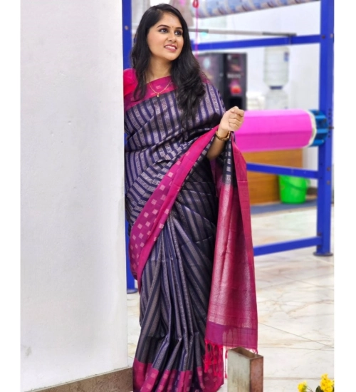 Generic Women's Silk Printed Saree With Unstitched Blouse 5.5Mtr (Navy Blue)